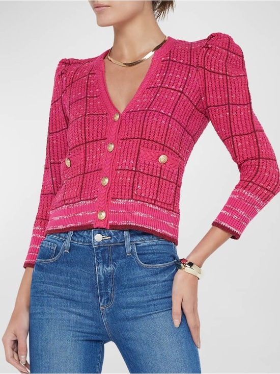 L'AGENCE Sweaters - L'AGENCE Jenni Hot Pink Knit V-Neck Cardigan with Gold Buttons